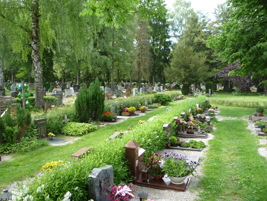 Ansicht von Grabsteinen zwischen Bäumen im Waldfriedhof Laufen - Foto von Harald Wessner