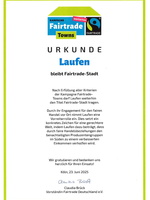 Urkunde vom 23.06.2025 - Laufen weiterhin Fairtrade Stadt